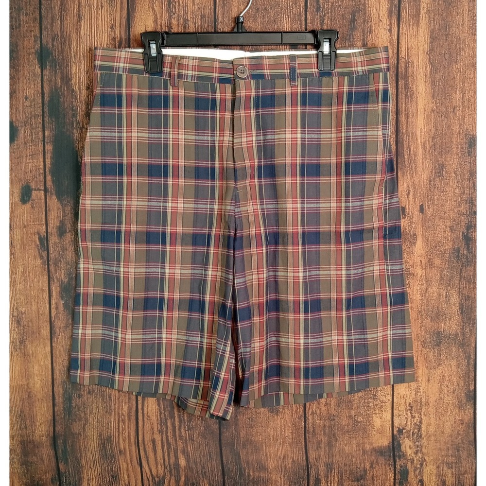 Britches by Samtex Mens Plaid Shorts Brown Navy Red Cotton Flat Front Size 34